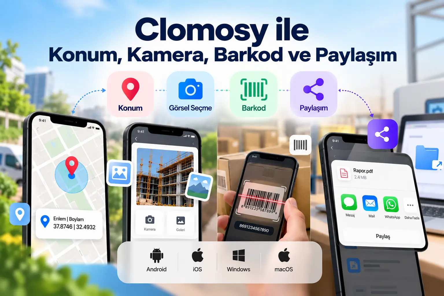 Clomosy ile Konum, Kamera, Barkod ve Paylaşım